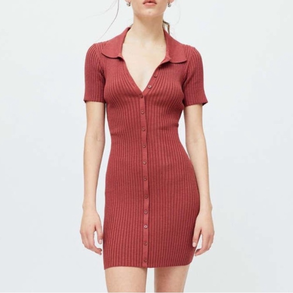 Urban Outfitters Dale Ribbed Bodycon Polo Dress Brick Red NWT-XS